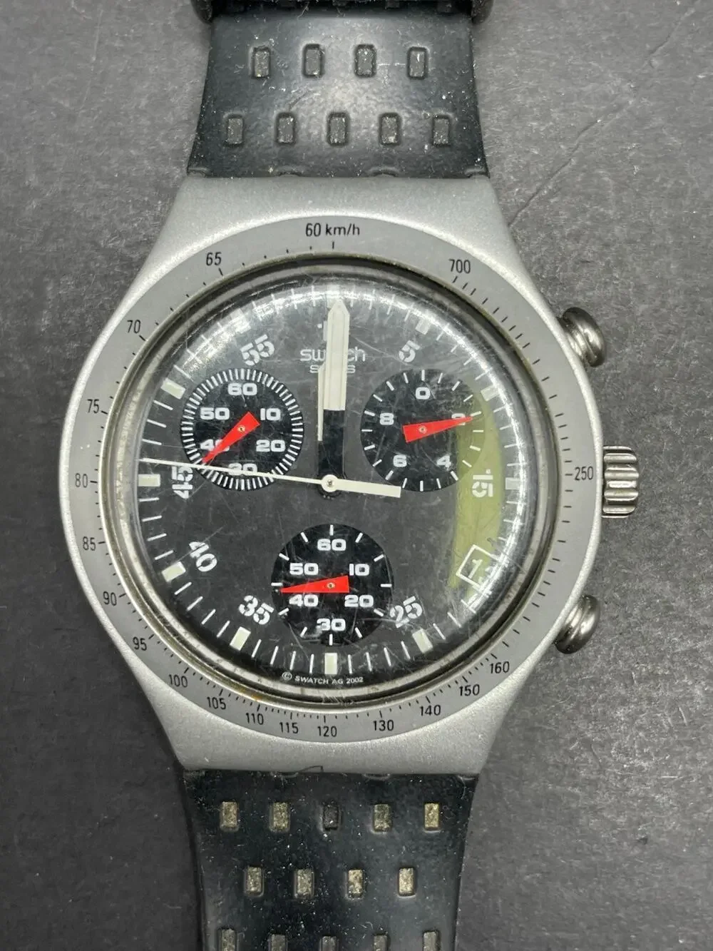 Swatch Irony Chrono Wildly Watch YCS4024 Silver Tone Black Rubber Strap 41mm